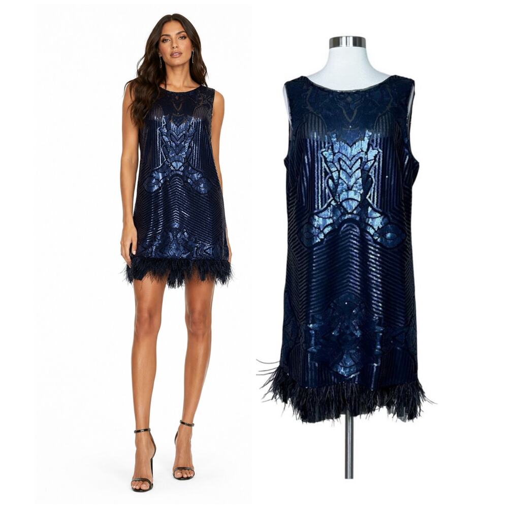 BCBGMAXAZRIA | Caterina Navy Blue Sequin Ostrich Trim Shift Dress Sleeveless L